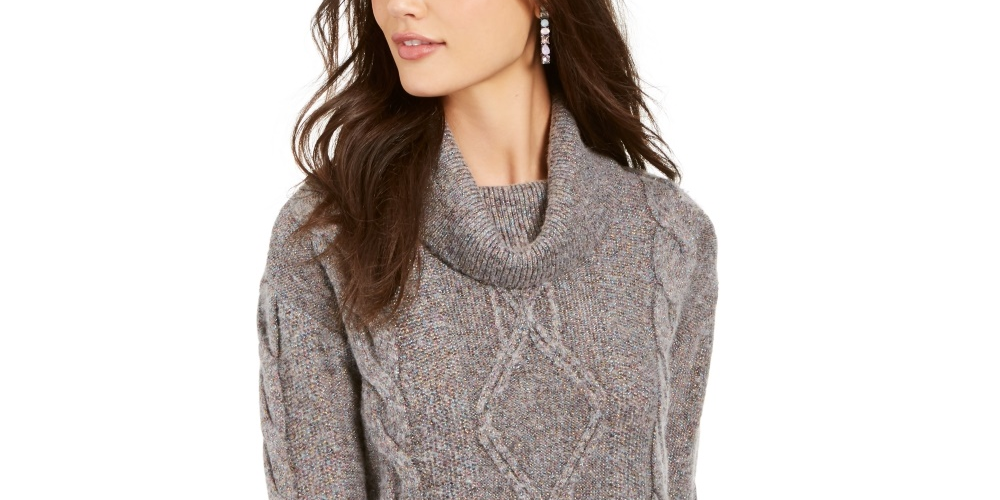 Suéter feminino Charter Club com decote careca e glitter, cinza, tamanho pequeno