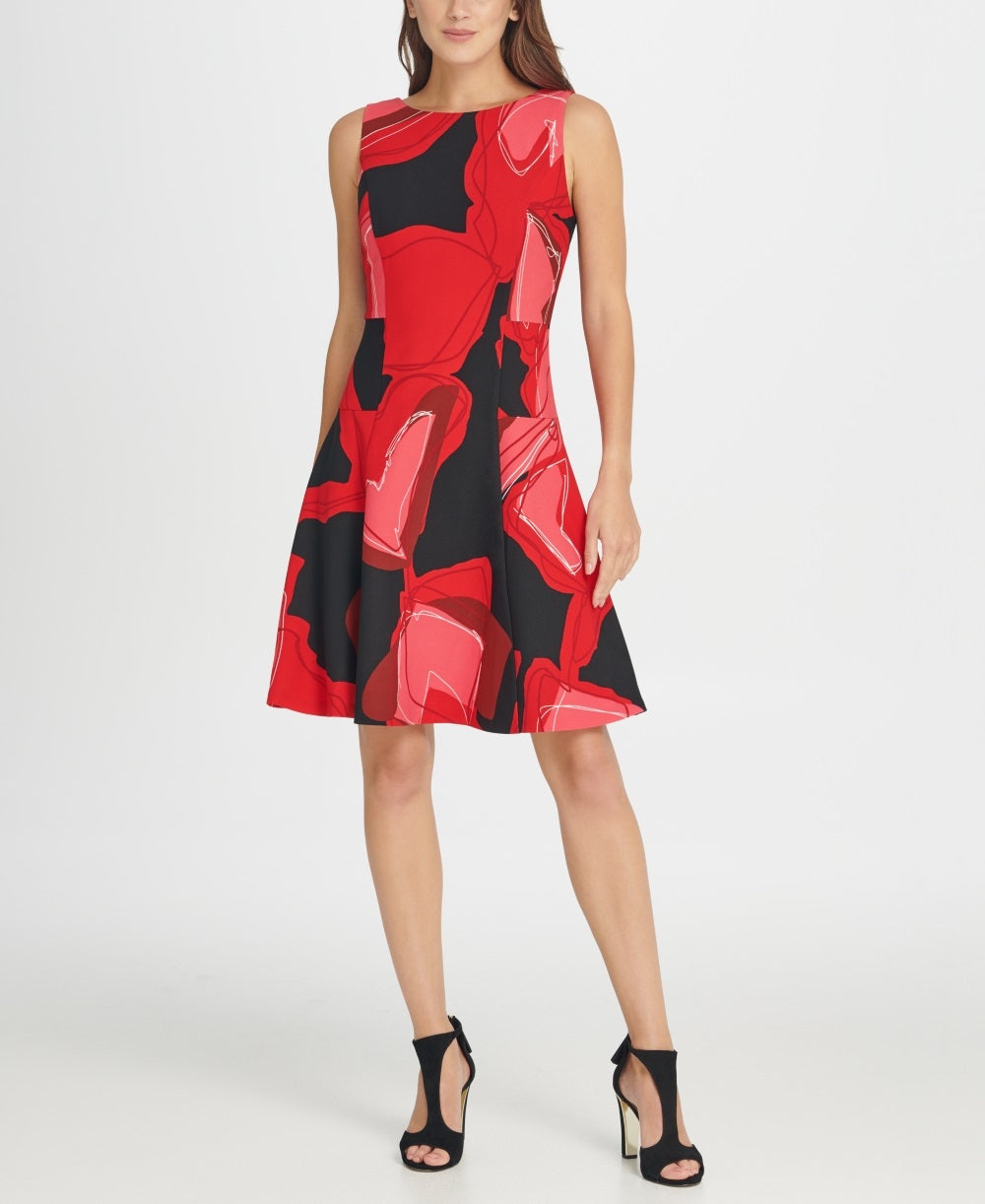 Vestido feminino DKNY com estampa floral abstrata e ajuste evasê - vermelho, tamanho 8