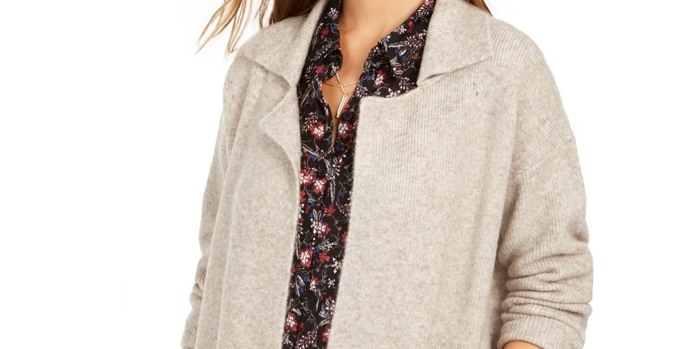 Cardigan feminino grande com bolso aplicado estilo &amp; co, bege, tamanho pequeno