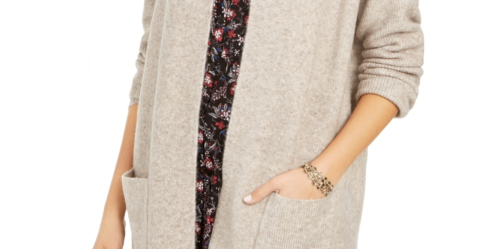 Cardigan feminino grande com bolso aplicado estilo &amp; co, bege, tamanho pequeno