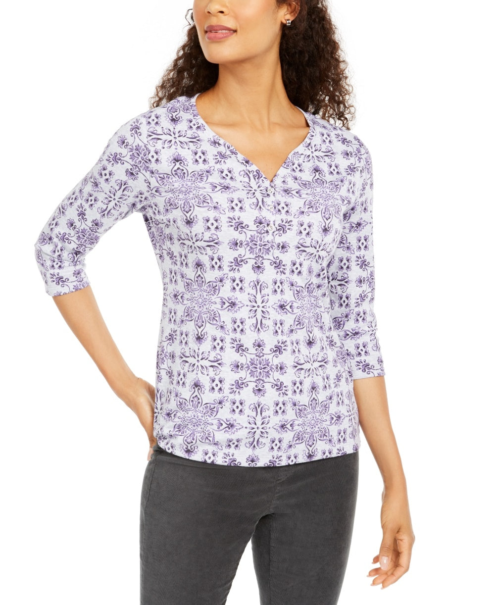 Karen Scott Blusa Henley Feminina Estampada Manga 3/4 Cinza Cassis Tamanho PS-