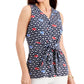 Charter Club Blusa feminina sem mangas com estampa frontal e amarração, tamanho médio, azul