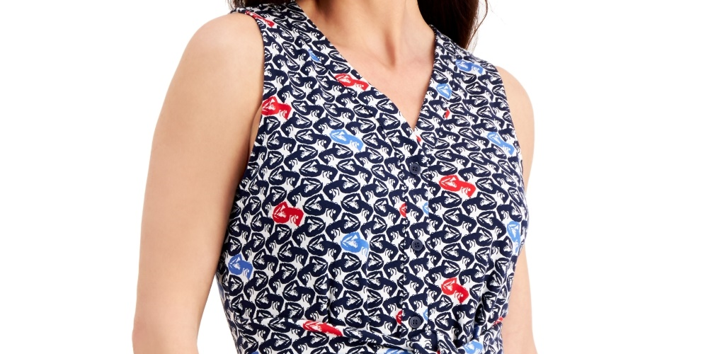 Charter Club Blusa feminina sem mangas com estampa frontal e amarração, tamanho médio, azul