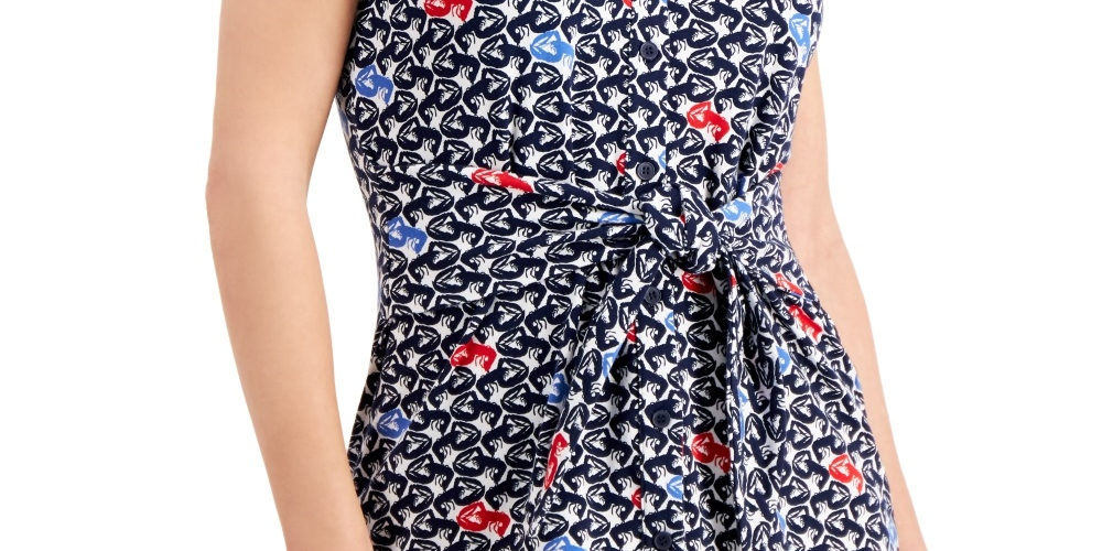 Charter Club Blusa feminina sem mangas com estampa frontal e amarração, tamanho médio, azul