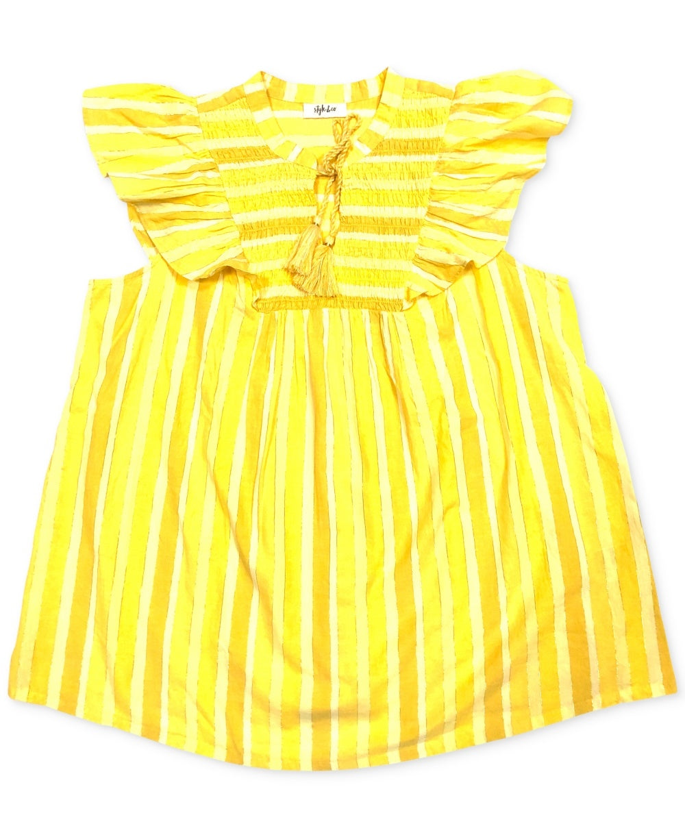 Blusa de algodão listrada com mangas e babados Style &amp; Co, tamanho XS, amarela, feminina