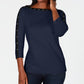Karen Scott Top feminino de algodão com tachas e gola canoa, tamanho azul-marinho, tamanho PS