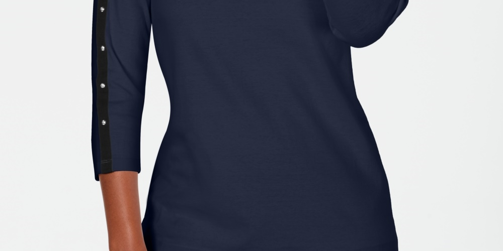 Karen Scott Top feminino de algodão com tachas e gola canoa, tamanho azul-marinho, tamanho PS