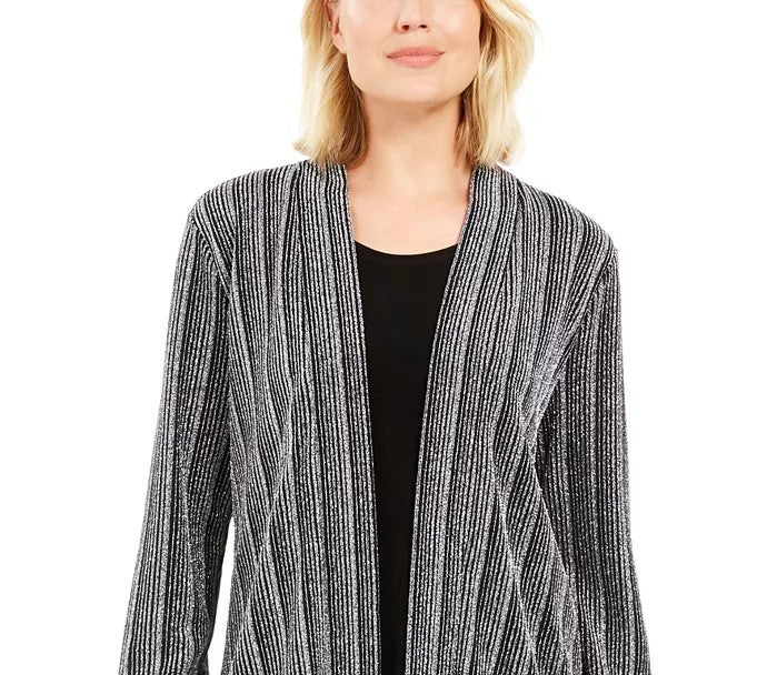 Cardigan metálico feminino JM Collection Petite com aparência em camadas, preto, tamanho Petite X-Large