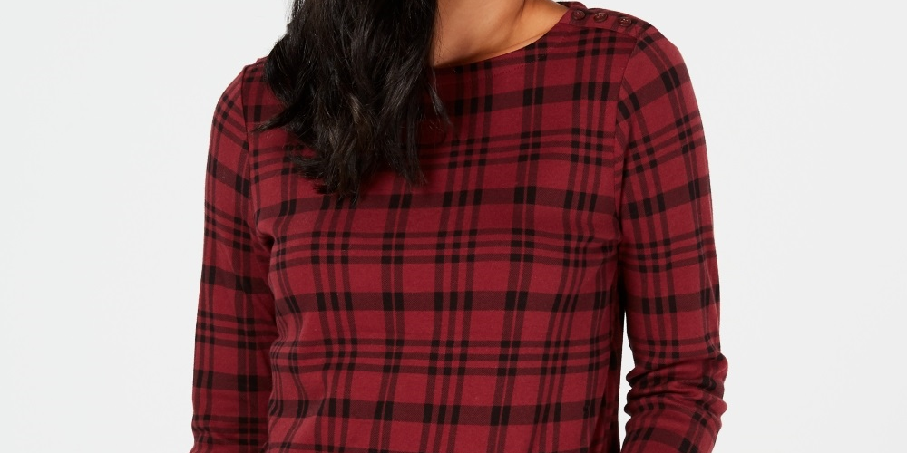 Charter Club Feminino Pima Algodão Botão Ombro Estampado Top Vermelho Tamanho Pequeno Pequeno