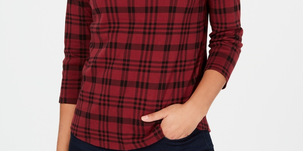 Charter Club Feminino Pima Algodão Botão Ombro Estampado Top Vermelho Tamanho Pequeno Pequeno
