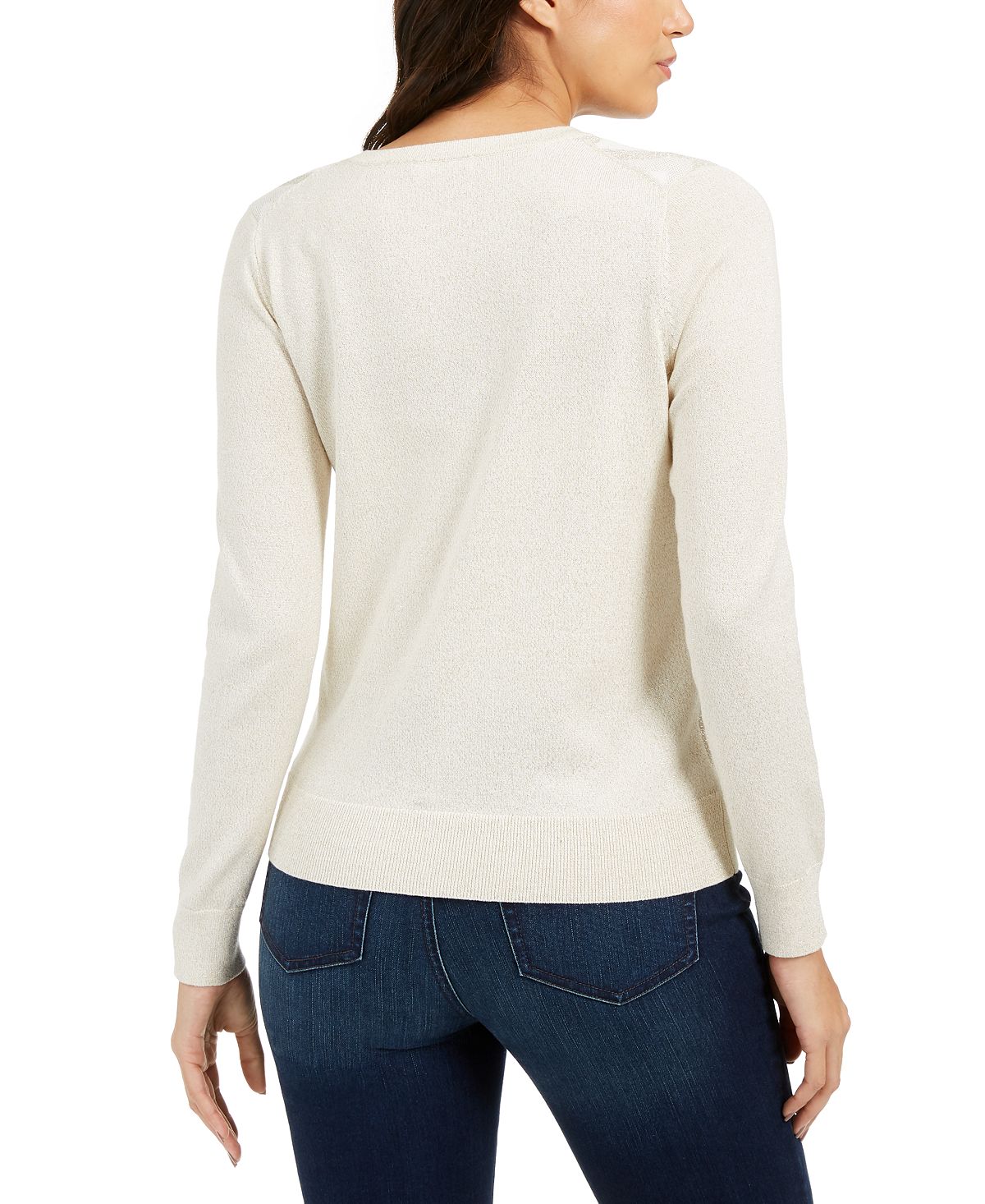 Cardigan feminino com estampa Chevron e fios metálicos Charter Club, tamanho pequeno, branco