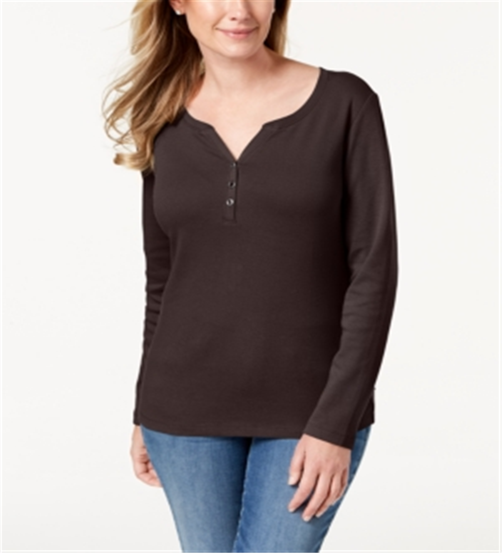 Karen Scott Blusa Feminina de Algodão com Gola Henley Marrom Tamanho Pequeno