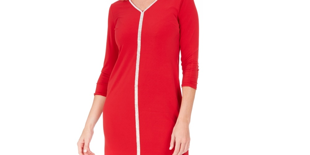 Vestido feminino com acabamento embelezado JM Collection, vermelho, tamanho pequeno, médio