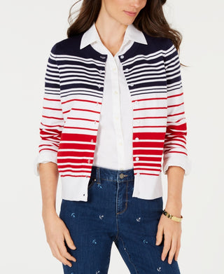 Cardigan feminino listrado com botões Charter Club, vermelho, tamanho grande