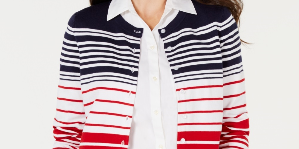 Cardigan feminino listrado com botões Charter Club, vermelho, tamanho grande