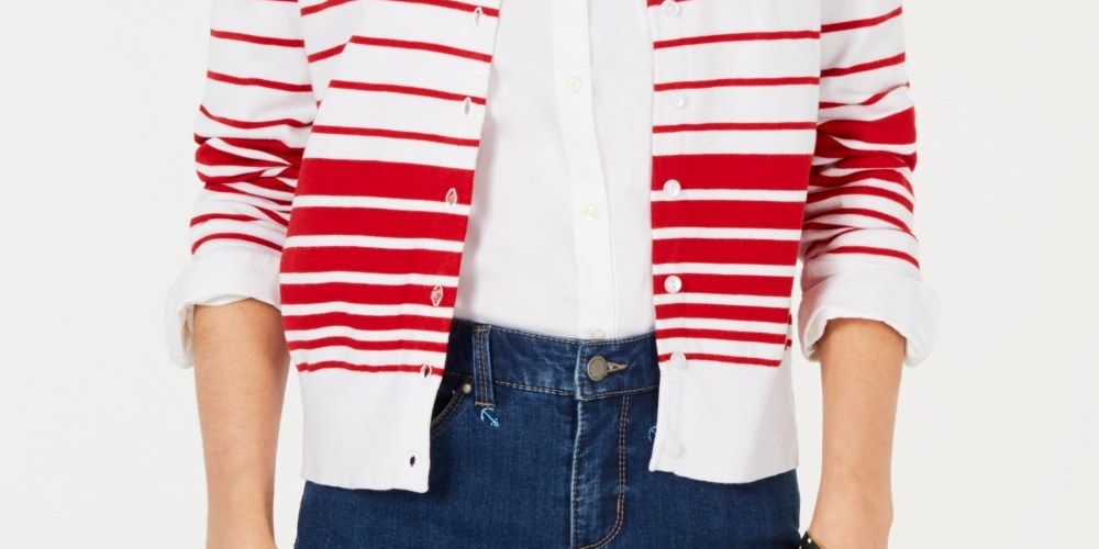 Cardigan feminino listrado com botões Charter Club, vermelho, tamanho grande