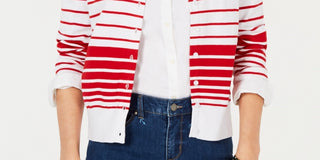 Cardigan feminino listrado com botões Charter Club, vermelho, tamanho grande
