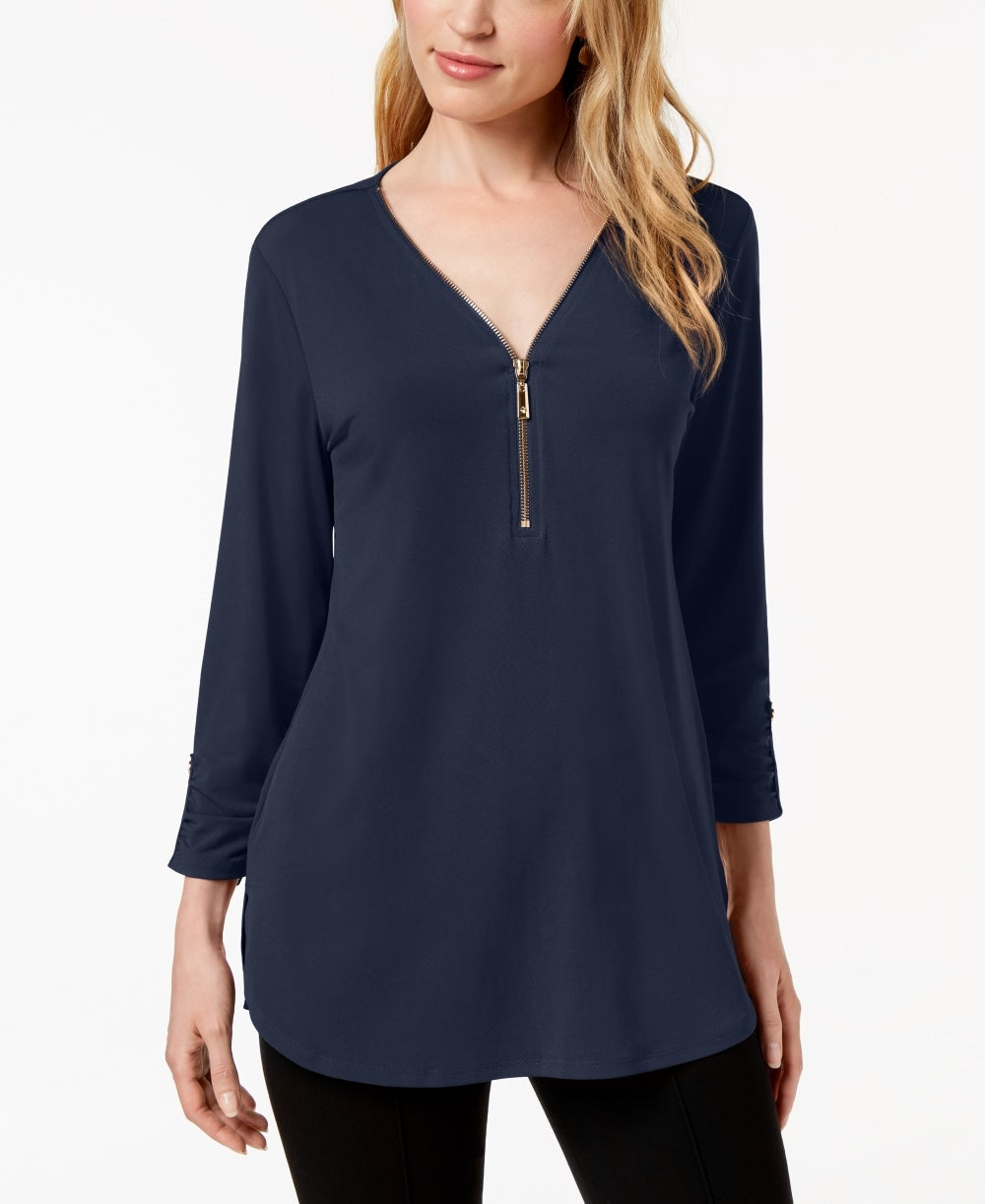 Blusa feminina JM Collection com zíper e manga 3/4, azul, tamanho médio