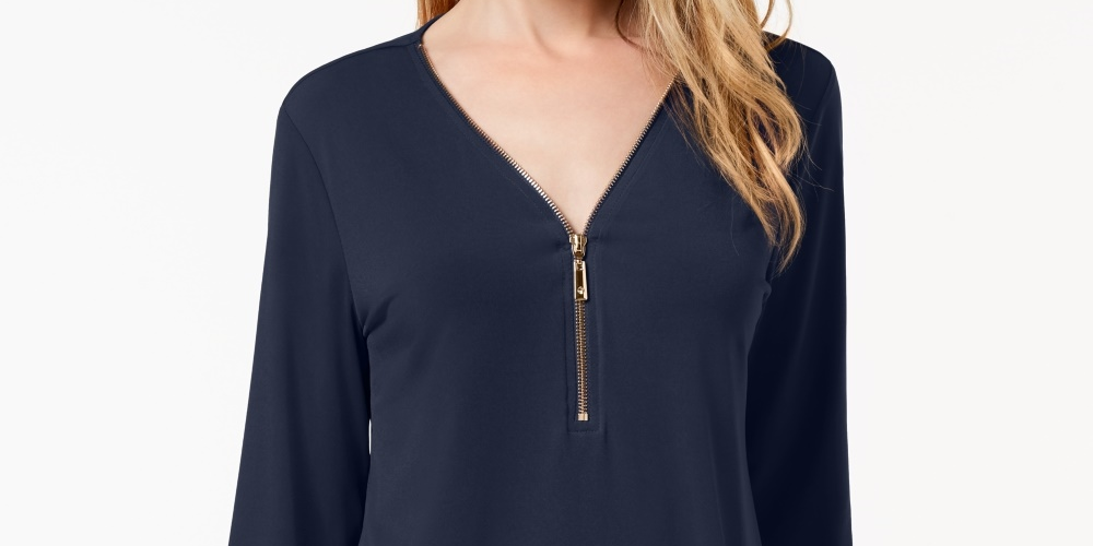 Blusa feminina JM Collection com zíper e manga 3/4, azul, tamanho médio