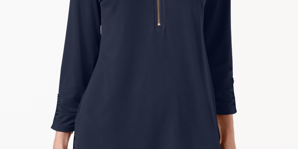 Blusa feminina JM Collection com zíper e manga 3/4, azul, tamanho médio