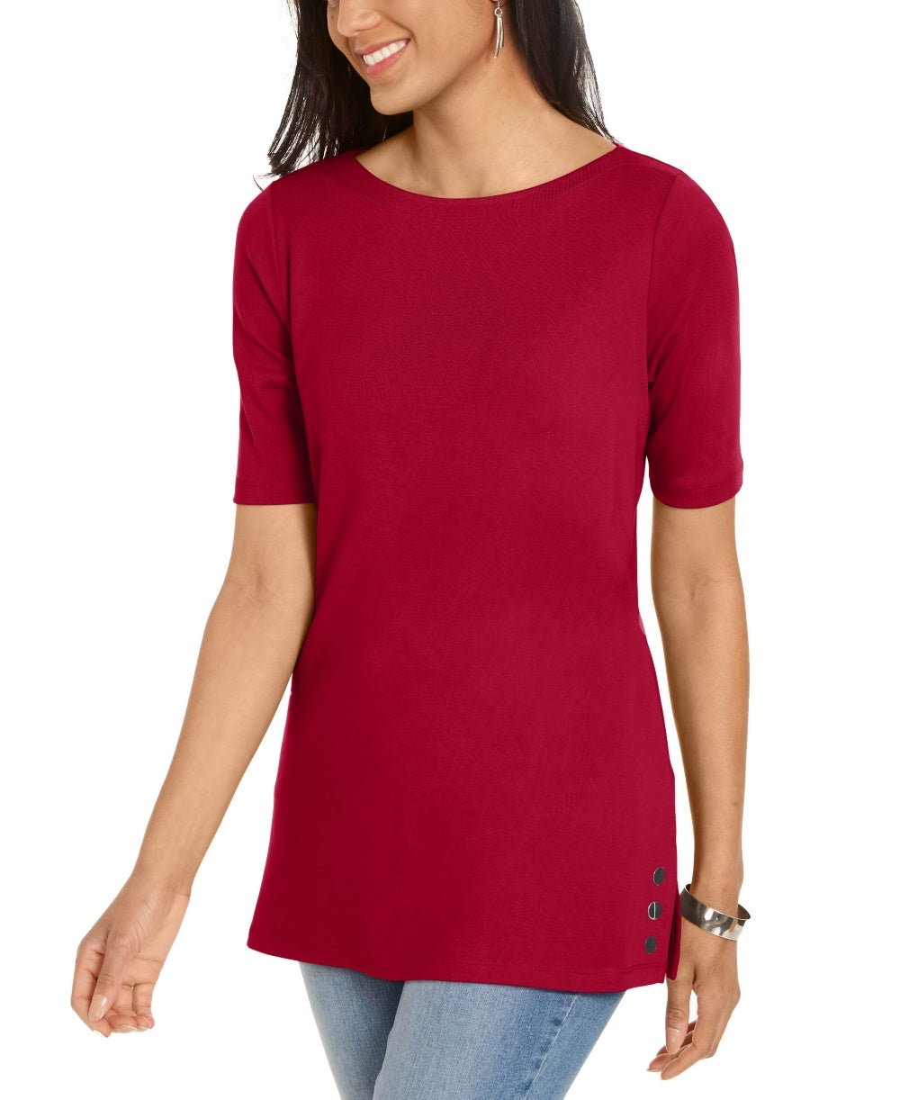 Túnica feminina Karen Scott com mangas curtas e acabamento em tachas, vermelho brilhante, tamanho X-S