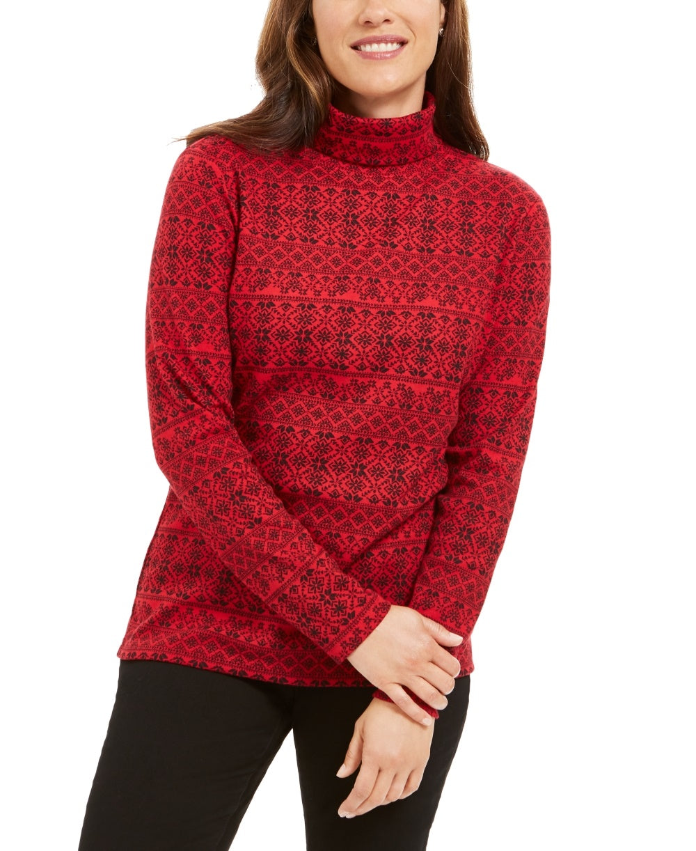 Karen Scott - Blusa feminina de gola alta estampada Fair Isle, vermelho brilhante, tamanho pequeno