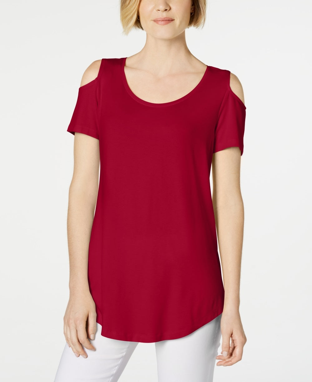 Camiseta feminina JM Collection com ombros descobertos e manga curta, vermelha, tamanho médio