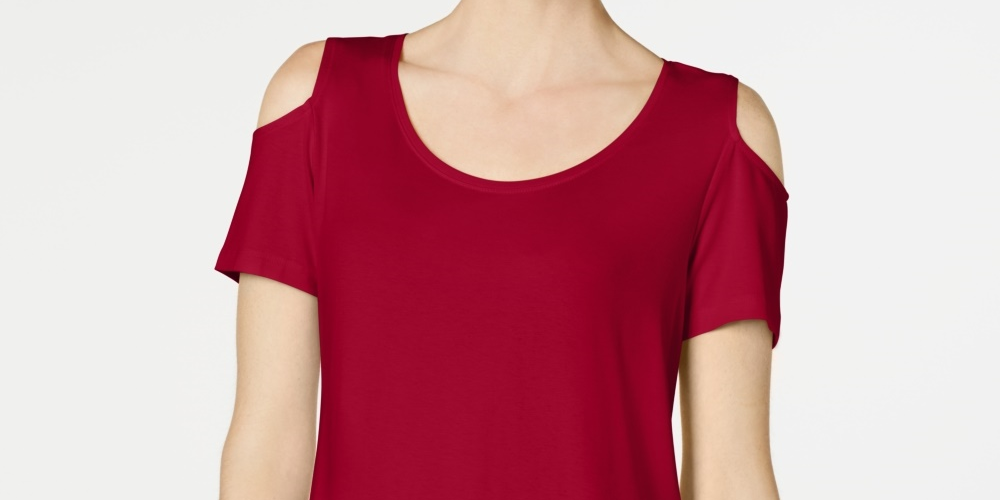 Camiseta feminina JM Collection com ombros descobertos e manga curta, vermelha, tamanho médio