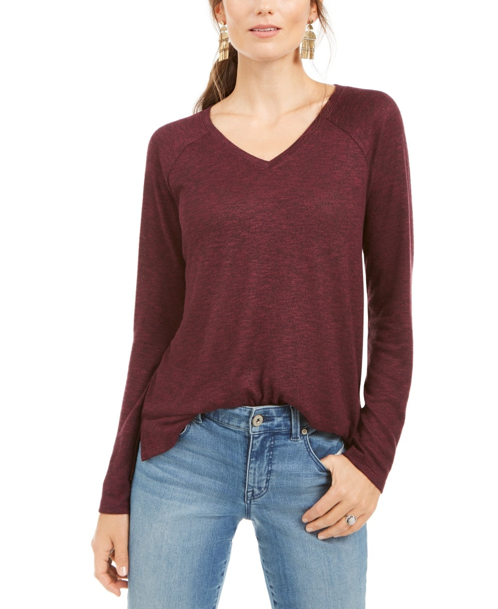Top feminino estilo &amp; co, pequeno, de malha mesclada, com decote em V, vermelho, PL
