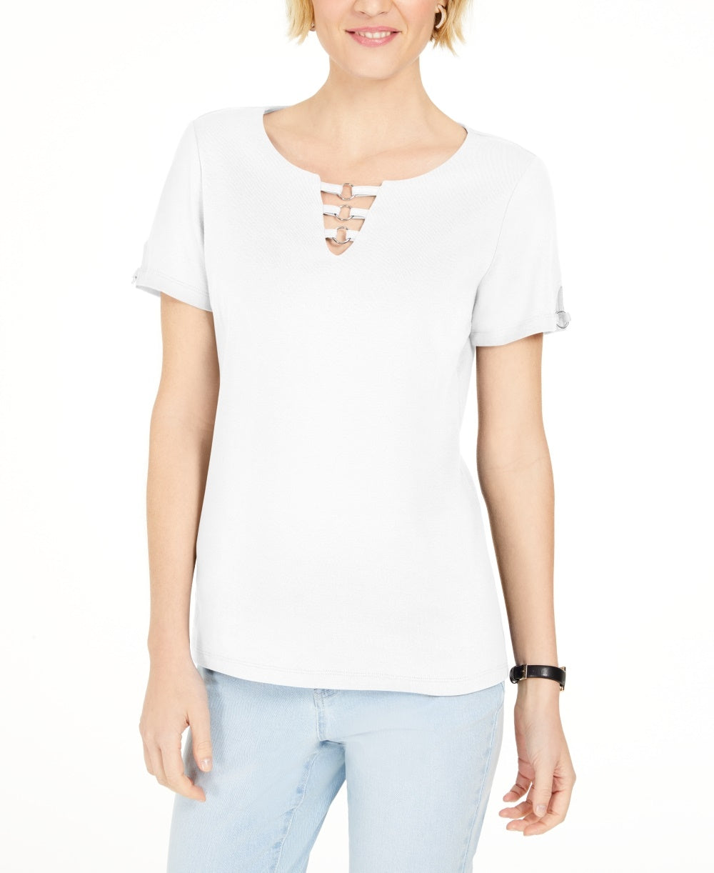 Karen Scott Top feminino com recorte triplo e argola, branco, tamanho médio