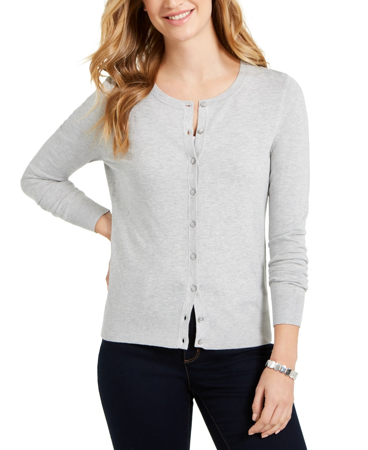 Cardigan feminino de manga comprida com botões frontais, cinza, tamanho extragrande, Charter Club