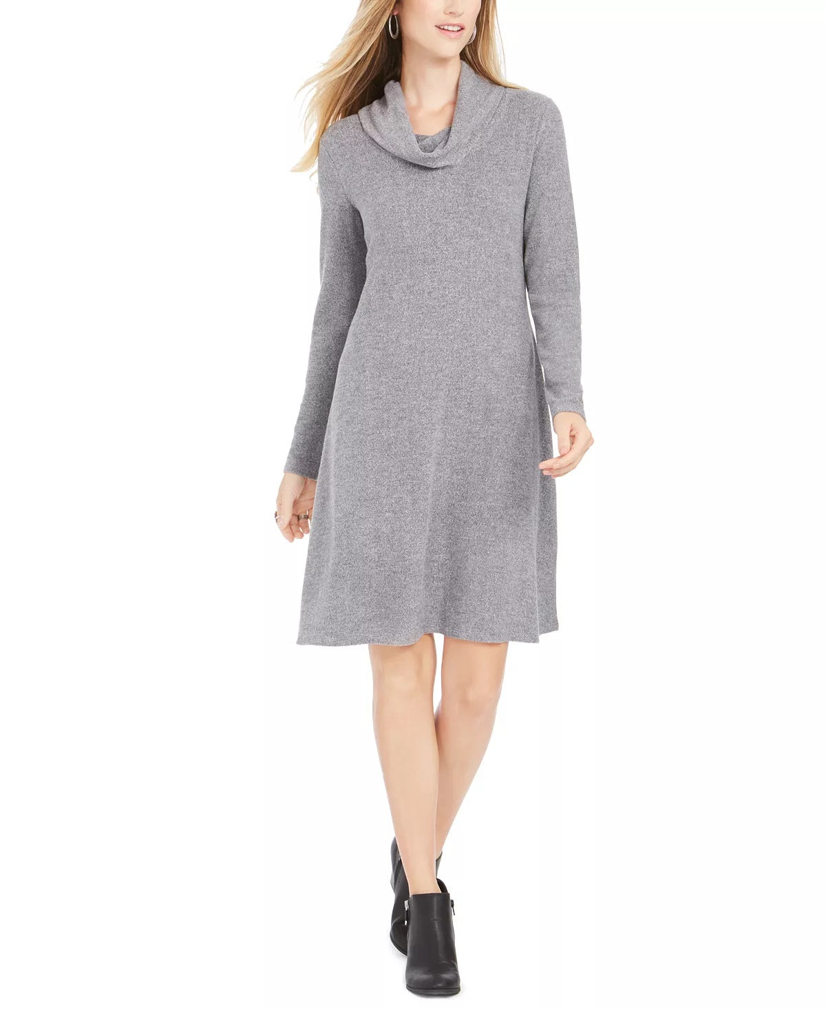 Vestido feminino estilo &amp; Company, manga longa mesclada, gola alta, acima do joelho, cinza, tamanho médio