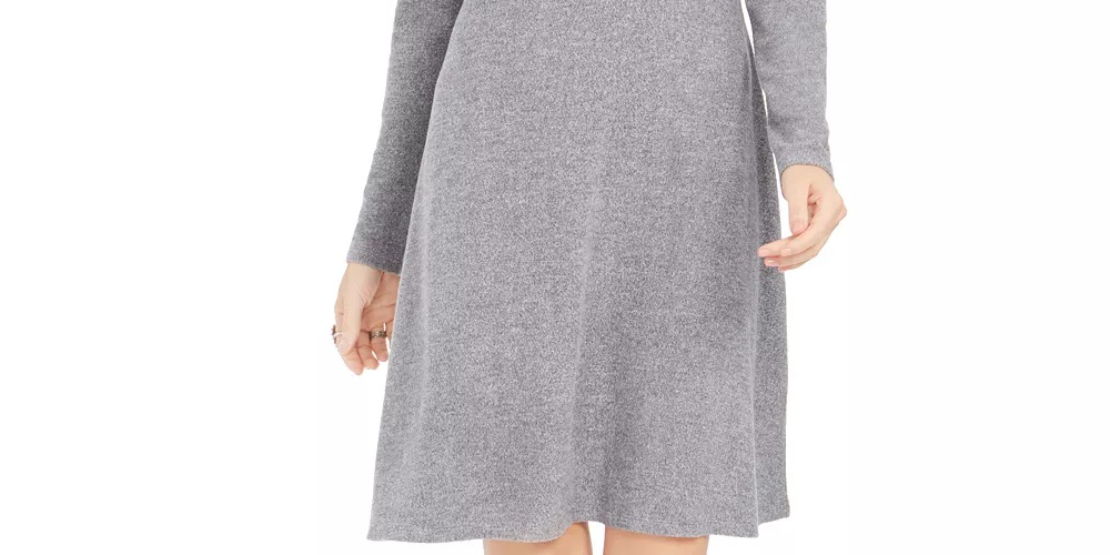 Vestido feminino estilo &amp; Company, manga longa mesclada, gola alta, acima do joelho, cinza, tamanho médio