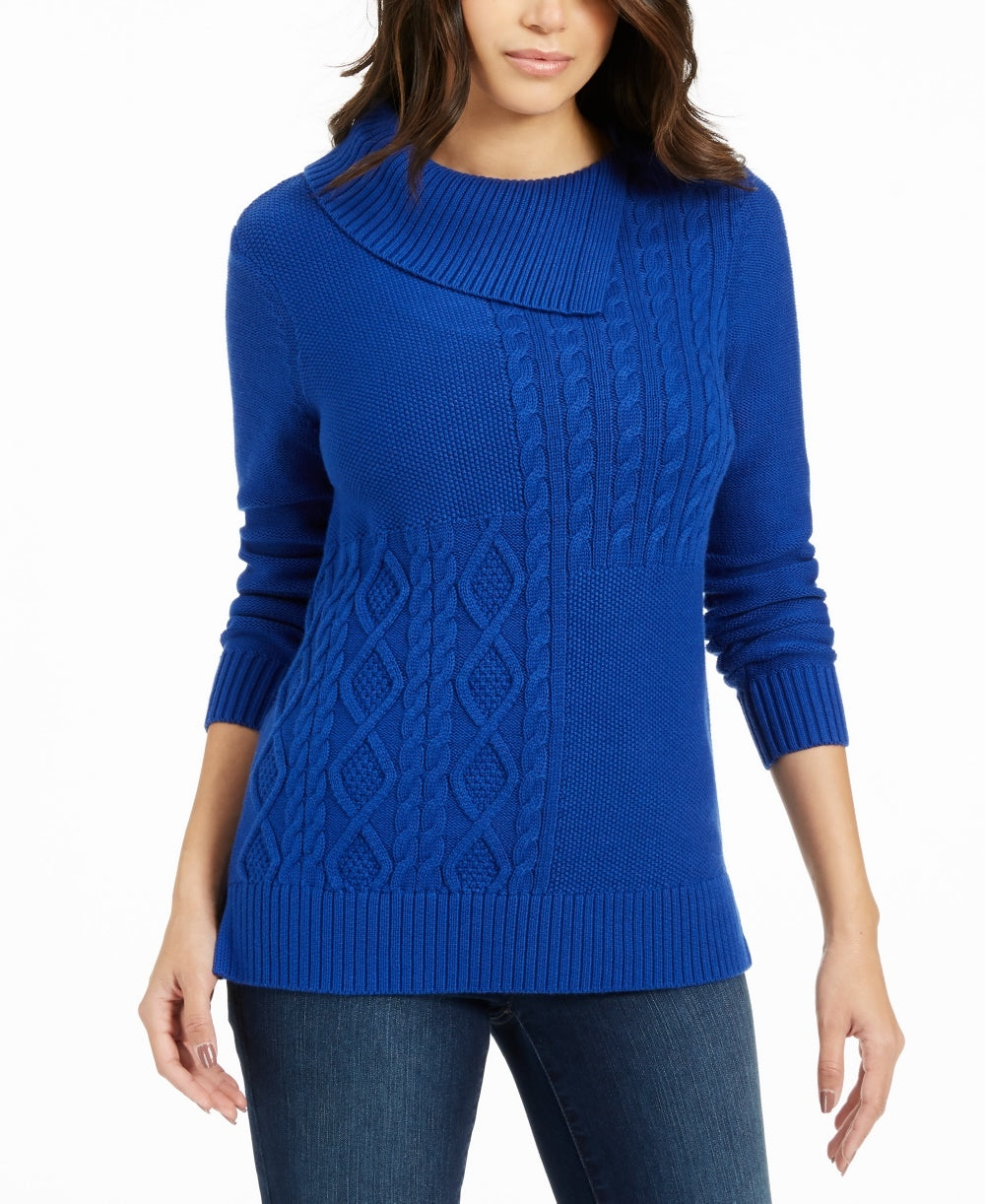 Suéter feminino Charter Club Petite com decote envelope e tricô trançado, tamanho azul, pequeno, extragrande