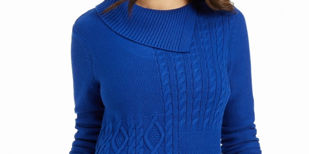 Suéter feminino Charter Club Petite com decote envelope e tricô trançado, tamanho azul, pequeno, extragrande