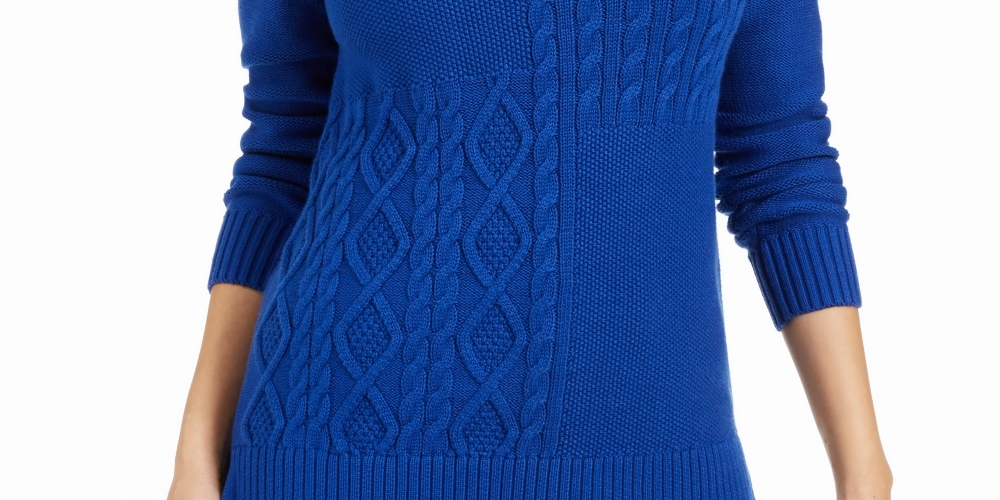 Suéter feminino Charter Club Petite com decote envelope e tricô trançado, tamanho azul, pequeno, extragrande