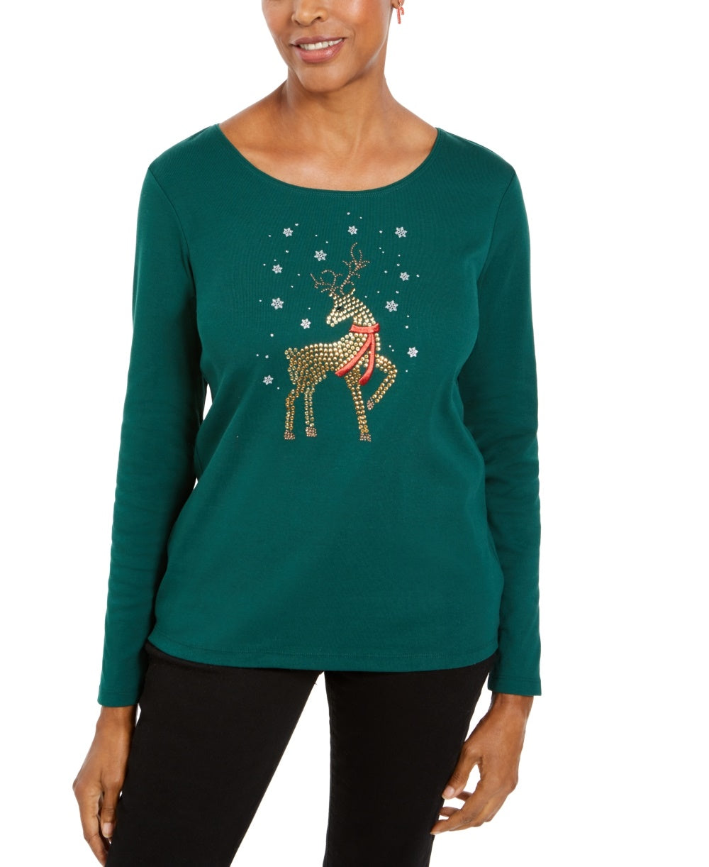 Camisa feminina Karen Scott com rena e strass, tamanho extragrande, verde