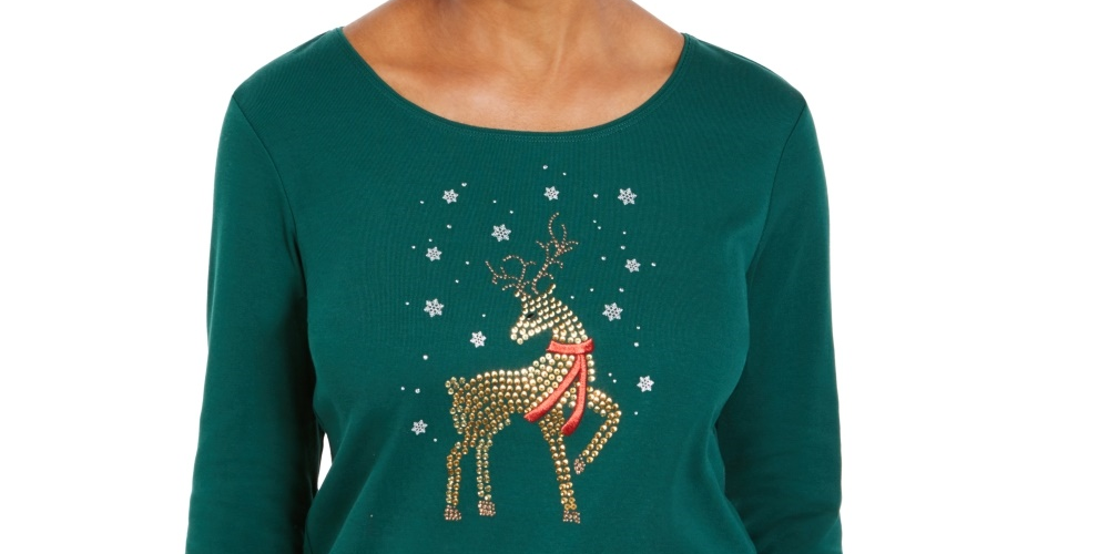 Camisa feminina Karen Scott com rena e strass, tamanho extragrande, verde