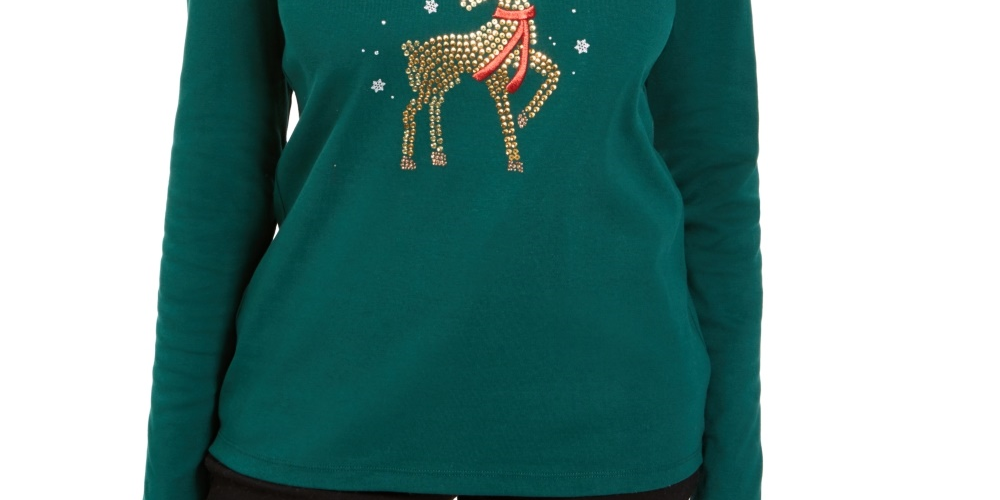 Camisa feminina Karen Scott com rena e strass, tamanho extragrande, verde
