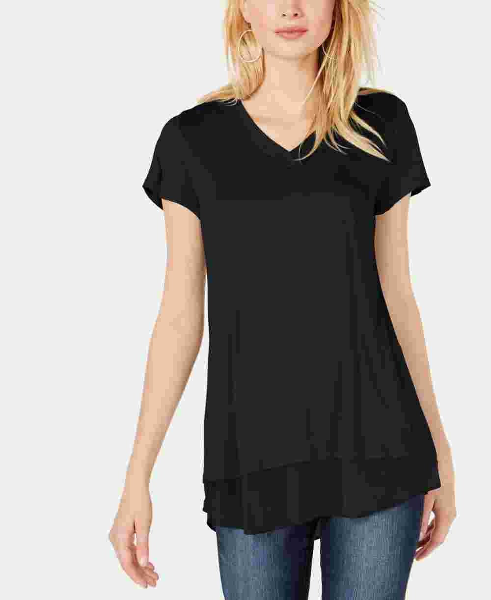 Camiseta feminina com decote em V e acabamento em renda da INC International Concepts, preta, tamanho X-S
