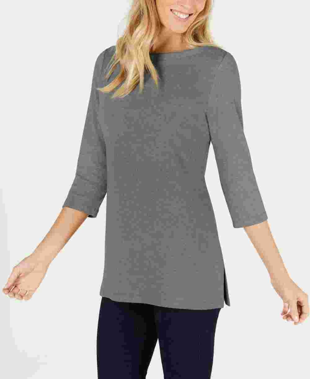 Karen Scott Blusa de malha feminina de algodão com gola canoa e manga 3/4, cinza, tamanho pequeno