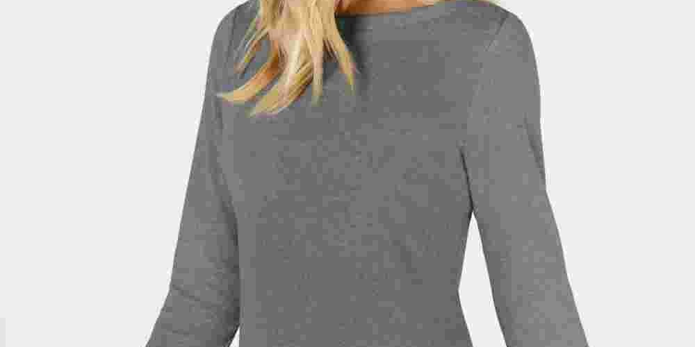 Karen Scott Blusa de malha feminina de algodão com gola canoa e manga 3/4, cinza, tamanho pequeno