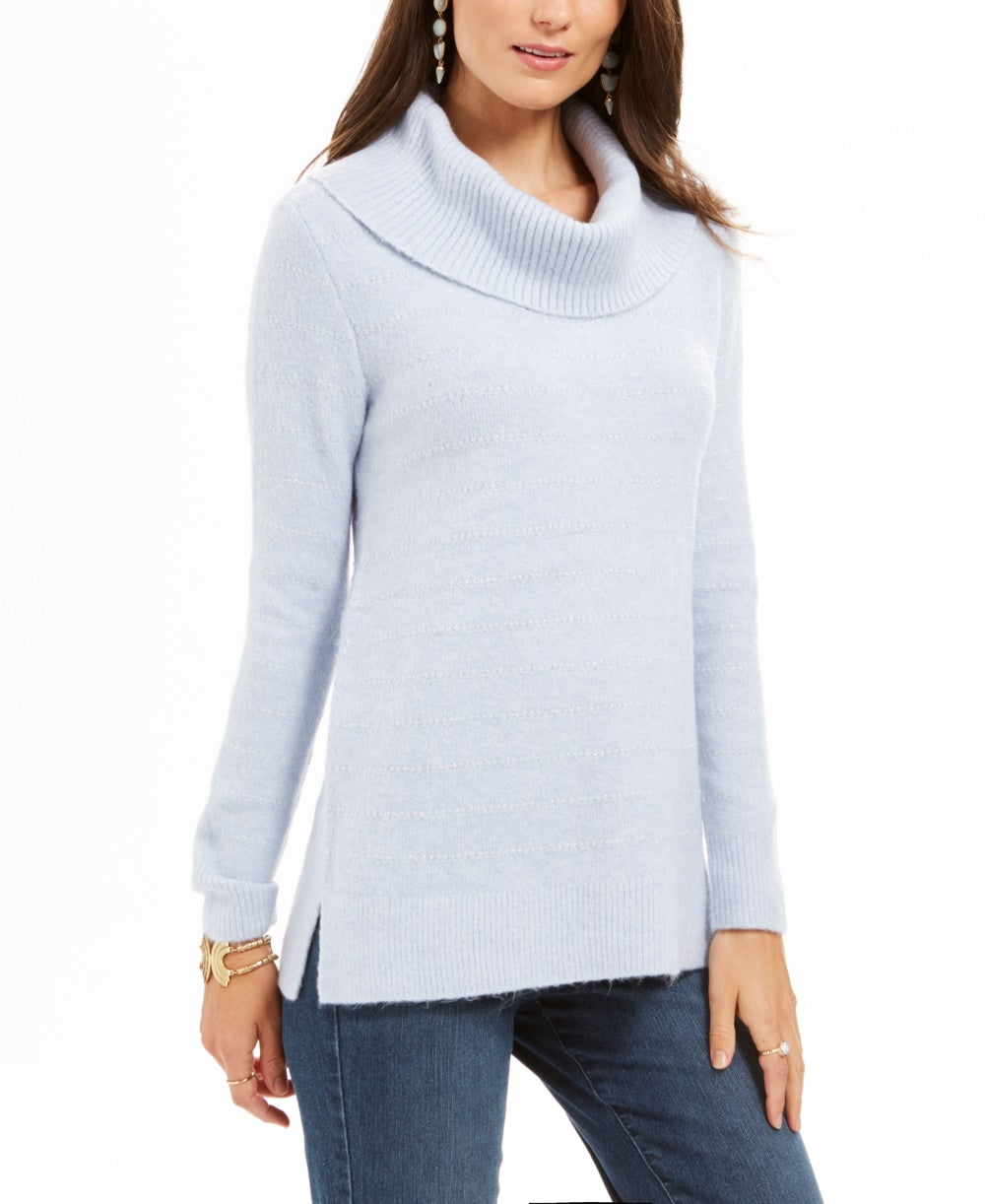 Suéter feminino de gola alta com listras metálicas Petite Style &amp; Co, azul, tamanho P