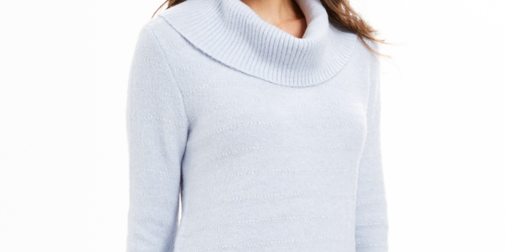 Suéter feminino de gola alta com listras metálicas Petite Style &amp; Co, azul, tamanho P