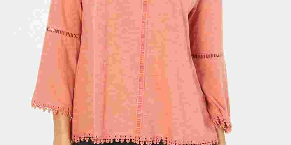 Blusa feminina de crochê com manga sino e acabamento em crochê, tamanho XS, laranja