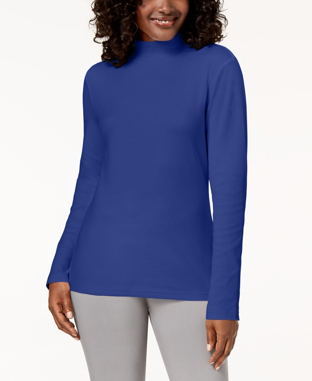 Blusa de gola alta de algodão Karen Scott feminina, azul, tamanho médio