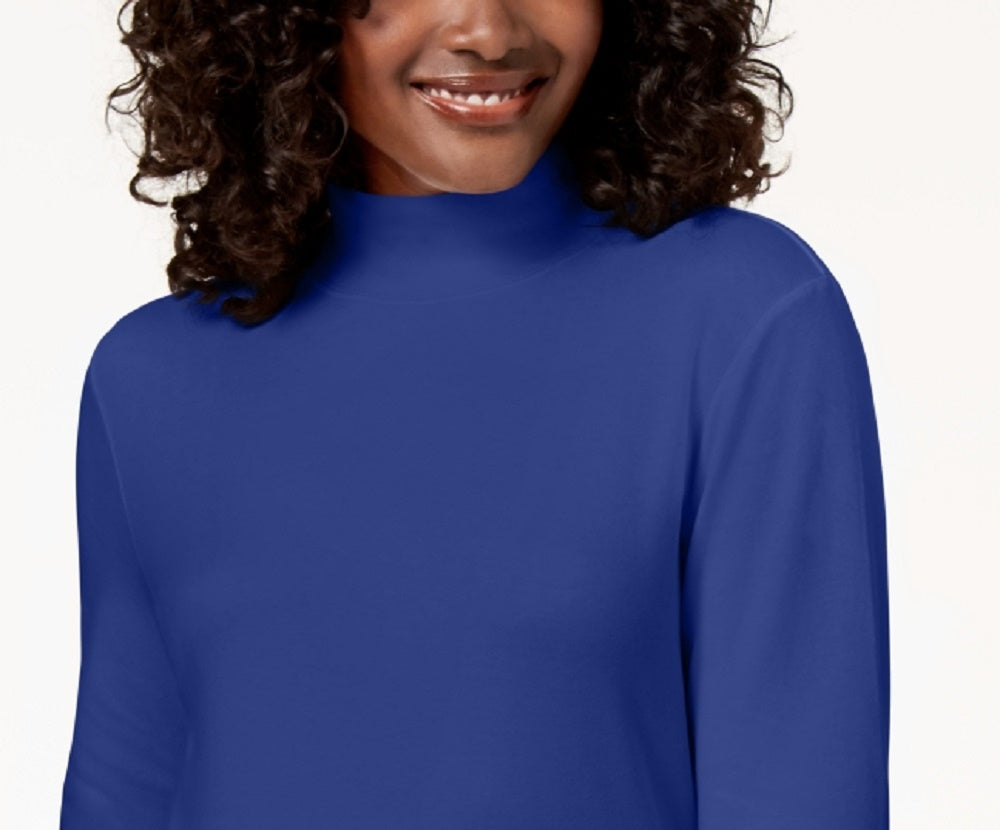 Blusa de gola alta de algodão Karen Scott feminina, azul, tamanho médio