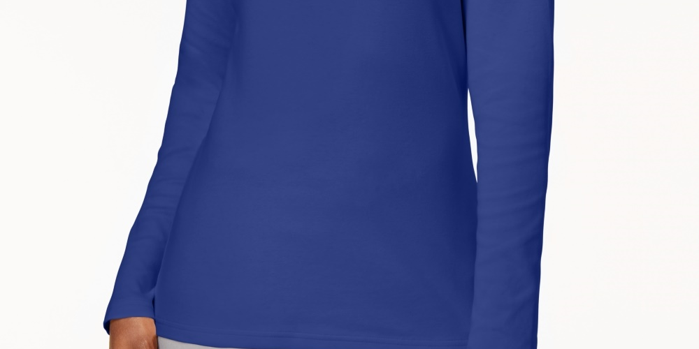 Blusa de gola alta de algodão Karen Scott feminina, azul, tamanho médio