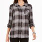 Camisa xadrez feminina pequena com lantejoulas, preta, estilo &amp; co - PM