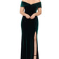 Vestido de veludo plus size feminino Xscape com ombros de fora, verde, tamanho pequeno